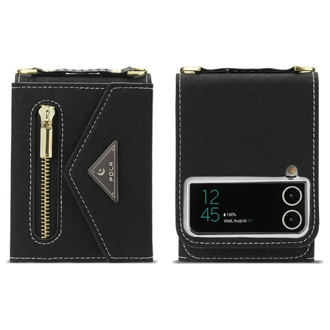 POLA 0819 Phone Case for Samsung Galaxy Z Flip4 5G, Zipper Pocket PU Leather Kickstand Multiple Card Slots Wallet Cover with Shoulder Strap