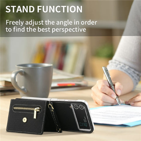 POLA 0819 Phone Case for Samsung Galaxy Z Flip4 5G, Zipper Pocket PU Leather Kickstand Multiple Card Slots Wallet Cover with Shoulder Strap