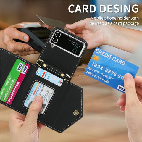 POLA 0819 Phone Case for Samsung Galaxy Z Flip4 5G, Zipper Pocket PU Leather Kickstand Multiple Card Slots Wallet Cover with Shoulder Strap