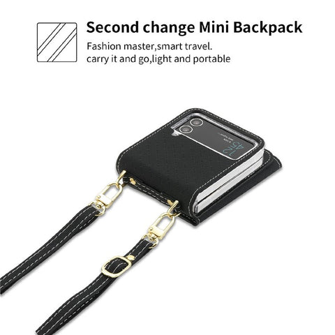 POLA 0819 Phone Case for Samsung Galaxy Z Flip4 5G, Zipper Pocket PU Leather Kickstand Multiple Card Slots Wallet Cover with Shoulder Strap
