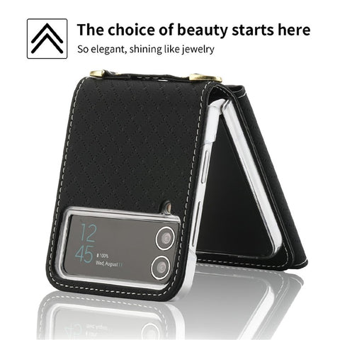 POLA 0819 Phone Case for Samsung Galaxy Z Flip4 5G, Zipper Pocket PU Leather Kickstand Multiple Card Slots Wallet Cover with Shoulder Strap