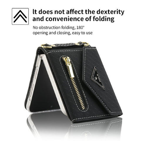 POLA 0819 Phone Case for Samsung Galaxy Z Flip4 5G, Zipper Pocket PU Leather Kickstand Multiple Card Slots Wallet Cover with Shoulder Strap