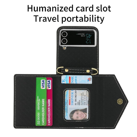 POLA 0819 Phone Case for Samsung Galaxy Z Flip4 5G, Zipper Pocket PU Leather Kickstand Multiple Card Slots Wallet Cover with Shoulder Strap