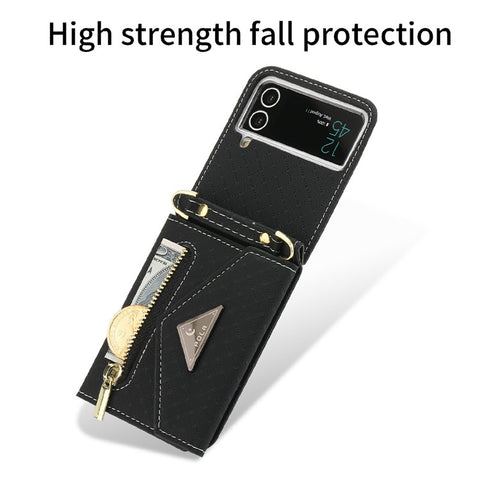 POLA 0819 Phone Case for Samsung Galaxy Z Flip4 5G, Zipper Pocket PU Leather Kickstand Multiple Card Slots Wallet Cover with Shoulder Strap