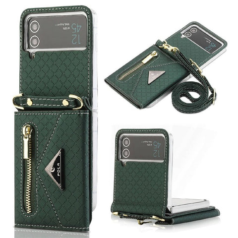POLA 0819 Phone Case for Samsung Galaxy Z Flip4 5G, Zipper Pocket PU Leather Kickstand Multiple Card Slots Wallet Cover with Shoulder Strap