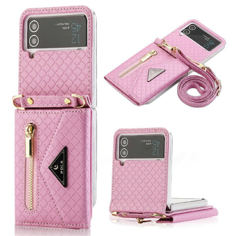 POLA 0819 Phone Case for Samsung Galaxy Z Flip4 5G, Zipper Pocket PU Leather Kickstand Multiple Card Slots Wallet Cover with Shoulder Strap