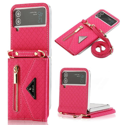 POLA 0819 Phone Case for Samsung Galaxy Z Flip4 5G, Zipper Pocket PU Leather Kickstand Multiple Card Slots Wallet Cover with Shoulder Strap