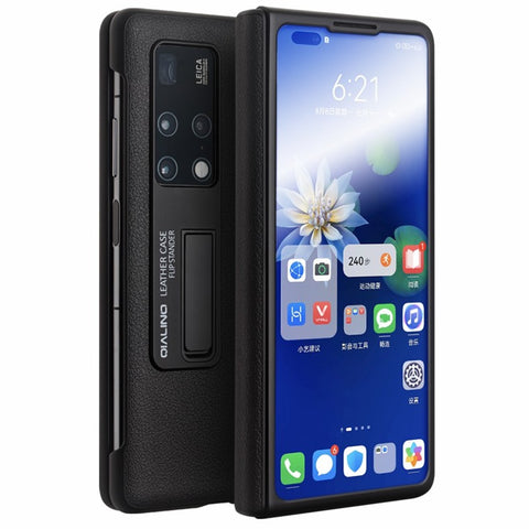 QIALINO For Huawei Mate X2 Smart Auto Wake Up  /  Sleep View Window Phone Case Genuine Cowhide Leather Anti-drop Phone Flip Cover with Hidden Kickstand