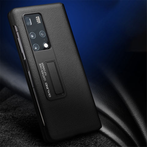 QIALINO For Huawei Mate X2 Smart Auto Wake Up  /  Sleep View Window Phone Case Genuine Cowhide Leather Anti-drop Phone Flip Cover with Hidden Kickstand