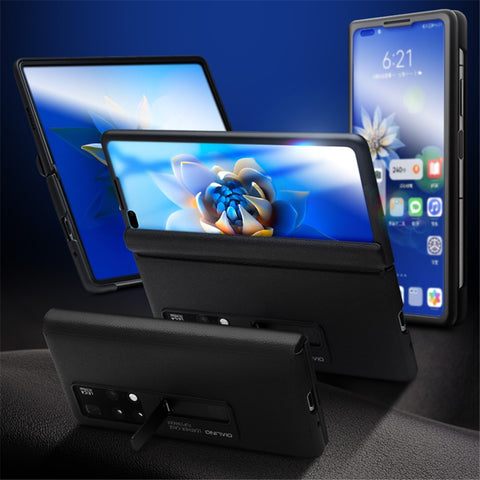 QIALINO For Huawei Mate X2 Smart Auto Wake Up  /  Sleep View Window Phone Case Genuine Cowhide Leather Anti-drop Phone Flip Cover with Hidden Kickstand