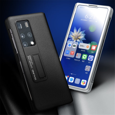 QIALINO For Huawei Mate X2 Smart Auto Wake Up  /  Sleep View Window Phone Case Genuine Cowhide Leather Anti-drop Phone Flip Cover with Hidden Kickstand
