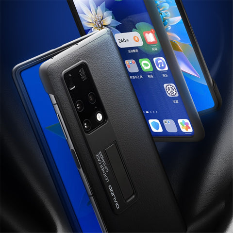 QIALINO For Huawei Mate X2 Smart Auto Wake Up  /  Sleep View Window Phone Case Genuine Cowhide Leather Anti-drop Phone Flip Cover with Hidden Kickstand