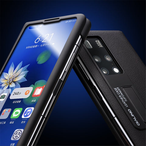 QIALINO For Huawei Mate X2 Smart Auto Wake Up  /  Sleep View Window Phone Case Genuine Cowhide Leather Anti-drop Phone Flip Cover with Hidden Kickstand