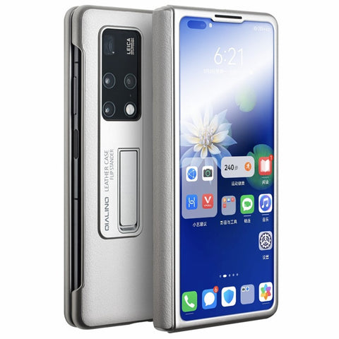 QIALINO For Huawei Mate X2 Smart Auto Wake Up  /  Sleep View Window Phone Case Genuine Cowhide Leather Anti-drop Phone Flip Cover with Hidden Kickstand