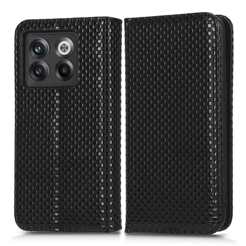 Phone Flip Wallet Cover for OnePlus 10T 5G / Ace Pro 5G, Grid Texture PU Leather Stand Case Magnetic Auto-absorbed Protective Shell