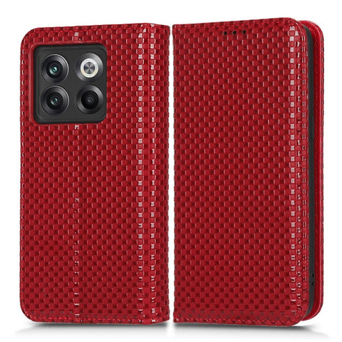 Phone Flip Wallet Cover for OnePlus 10T 5G / Ace Pro 5G, Grid Texture PU Leather Stand Case Magnetic Auto-absorbed Protective Shell