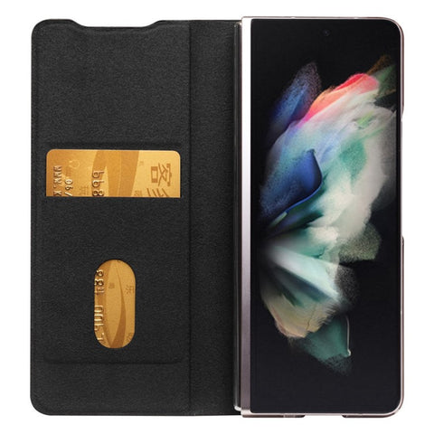 QIALINO For Samsung Galaxy Z Fold3 5G Genuine Leather Anti-Drop Phone Case Foldable Stand Card Holder Full Protection Cover