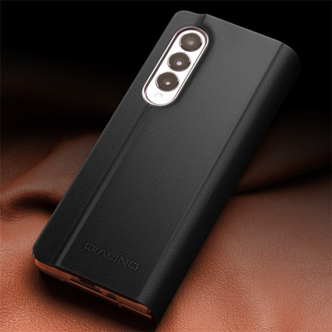 QIALINO For Samsung Galaxy Z Fold3 5G Genuine Leather Anti-Drop Phone Case Foldable Stand Card Holder Full Protection Cover