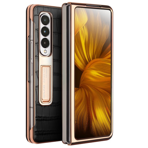 QIALINO For Samsung Galaxy Z Fold3 5G Crocodile Texture Genuine Leather + PC Kickstand Cover Electroplating Phone Case with Tempered Glass