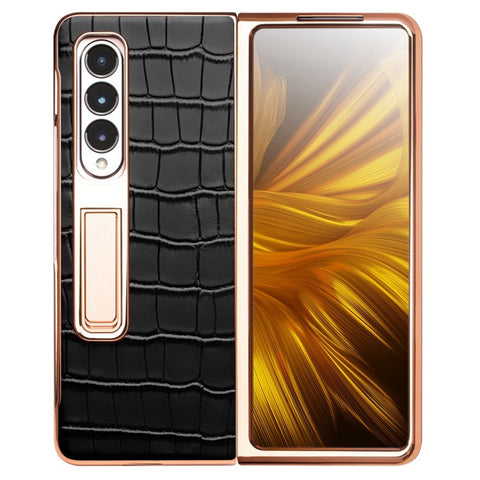 QIALINO For Samsung Galaxy Z Fold3 5G Crocodile Texture Genuine Leather + PC Kickstand Cover Electroplating Phone Case with Tempered Glass