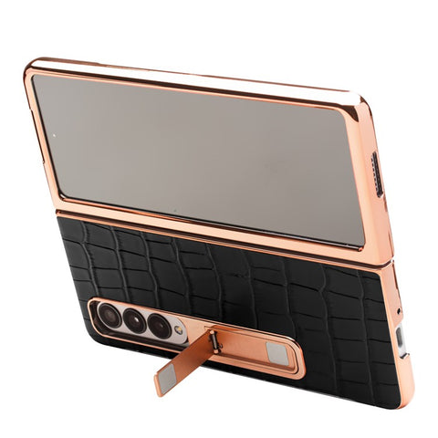 QIALINO For Samsung Galaxy Z Fold3 5G Crocodile Texture Genuine Leather + PC Kickstand Cover Electroplating Phone Case with Tempered Glass
