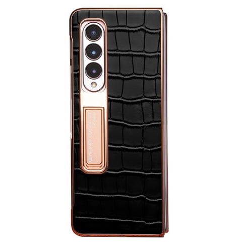 QIALINO For Samsung Galaxy Z Fold3 5G Crocodile Texture Genuine Leather + PC Kickstand Cover Electroplating Phone Case with Tempered Glass