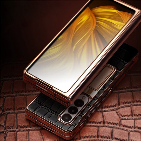 QIALINO For Samsung Galaxy Z Fold3 5G Crocodile Texture Genuine Leather + PC Kickstand Cover Electroplating Phone Case with Tempered Glass