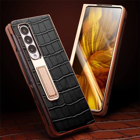 QIALINO For Samsung Galaxy Z Fold3 5G Crocodile Texture Genuine Leather + PC Kickstand Cover Electroplating Phone Case with Tempered Glass
