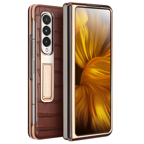 QIALINO For Samsung Galaxy Z Fold3 5G Crocodile Texture Genuine Leather + PC Kickstand Cover Electroplating Phone Case with Tempered Glass