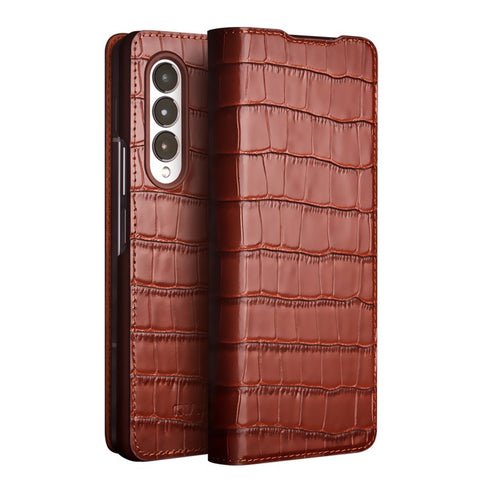 QIALINO for Samsung Galaxy Z Fold3 5G Crocodile Texture Genuine Cowhide Leather Auto-Absorbed Magnetic Anti-Fall Ultra-Slim Phone Case