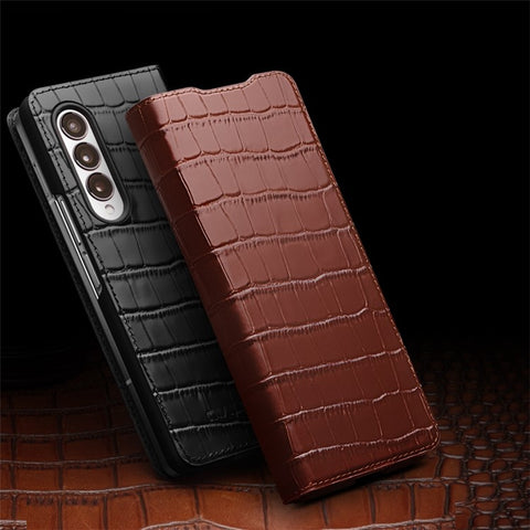 QIALINO for Samsung Galaxy Z Fold3 5G Crocodile Texture Genuine Cowhide Leather Auto-Absorbed Magnetic Anti-Fall Ultra-Slim Phone Case