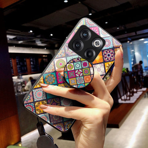 For OnePlus 10T 5G / Ace Pro 5G Flower Pattern Tempered Glass + Hard PC + Soft TPU Hybrid Cover Kickstand Phone Case with Lanyard