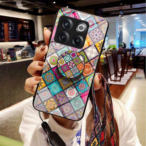 For OnePlus 10T 5G / Ace Pro 5G Flower Pattern Tempered Glass + Hard PC + Soft TPU Hybrid Cover Kickstand Phone Case with Lanyard
