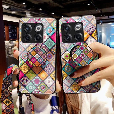 For OnePlus 10T 5G / Ace Pro 5G Flower Pattern Tempered Glass + Hard PC + Soft TPU Hybrid Cover Kickstand Phone Case with Lanyard