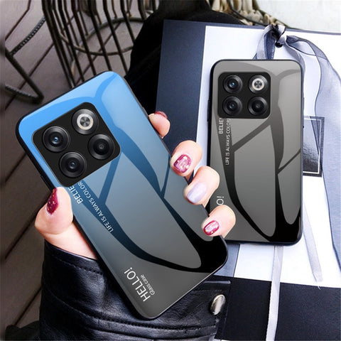 For OnePlus 10T 5G / Ace Pro 5G Gradient Color Tempered Glass Phone Case Hard PC Soft TPU Shockproof Defender Back Cover
