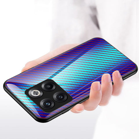 For OnePlus 10T 5G/Ace Pro 5G Carbon Fiber Texture Tempered Glass Case Hard PC Soft TPU Anti-Scratch Shockproof Cover