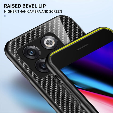 For OnePlus 10T 5G/Ace Pro 5G Carbon Fiber Texture Tempered Glass Case Hard PC Soft TPU Anti-Scratch Shockproof Cover