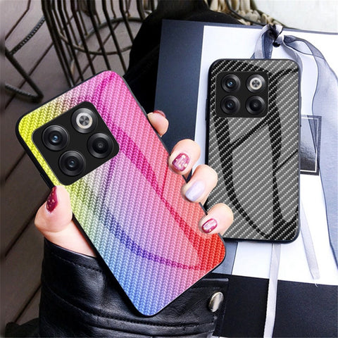 For OnePlus 10T 5G/Ace Pro 5G Carbon Fiber Texture Tempered Glass Case Hard PC Soft TPU Anti-Scratch Shockproof Cover