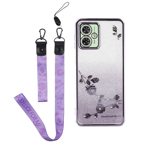 KADEM For Motorola Moto G54 5G / G64 5G TPU Case Rhinestone Flower Phone Cover with Lanyard
