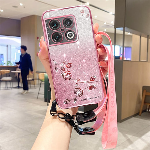 KADEM For OnePlus 10 Pro 5G Case Flower Glitter Shockproof Soft TPU Phone Cover with Lanyard