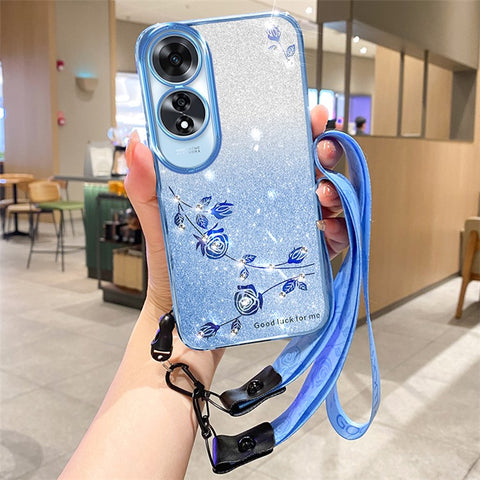 KADEM For Oppo A60 4G Case with Lanyard Flower Glitter Shockproof Soft TPU Phone Cover