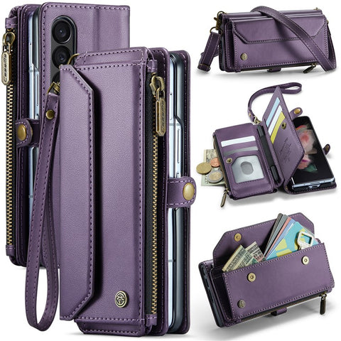 For Samsung Galaxy Z Fold3 5G Leather Case CASEME C36 Zipper Multiple Card Slots Phone Cover with Straps