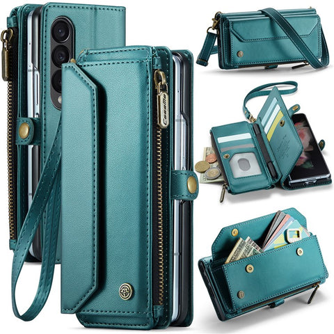For Samsung Galaxy Z Fold3 5G Leather Case CASEME C36 Zipper Multiple Card Slots Phone Cover with Straps