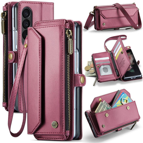 For Samsung Galaxy Z Fold3 5G Leather Case CASEME C36 Zipper Multiple Card Slots Phone Cover with Straps