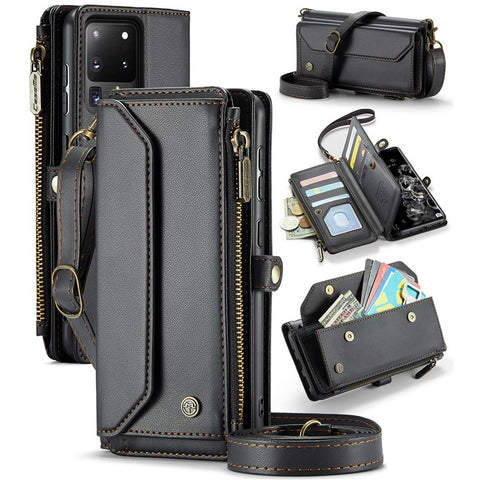 For Samsung Galaxy S20 Ultra Leather Case CASEME C36 Zipper Multiple Card Slots Phone Cover with Straps