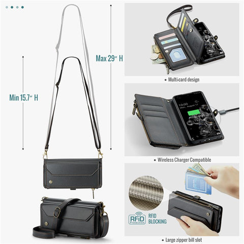 For Samsung Galaxy S20 Ultra Leather Case CASEME C36 Zipper Multiple Card Slots Phone Cover with Straps