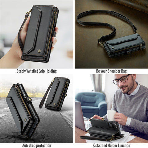 For Samsung Galaxy S20 Ultra Leather Case CASEME C36 Zipper Multiple Card Slots Phone Cover with Straps