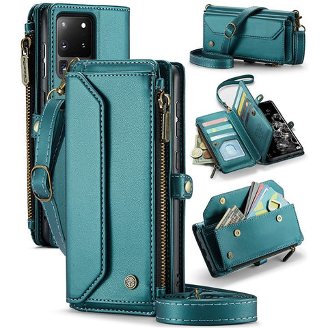 For Samsung Galaxy S20 Ultra Leather Case CASEME C36 Zipper Multiple Card Slots Phone Cover with Straps