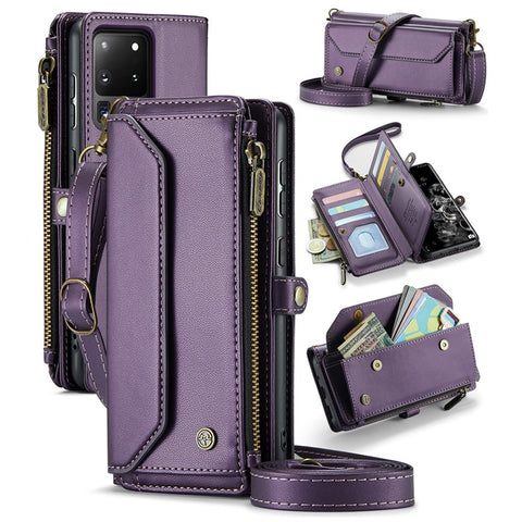 For Samsung Galaxy S20 Ultra Leather Case CASEME C36 Zipper Multiple Card Slots Phone Cover with Straps