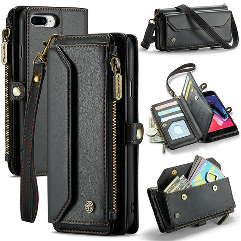 For iPhone 6 Plus / 6s Plus / 7 Plus / 8 Plus Leather Case CASEME C36 Zipper Multiple Card Slots Phone Cover with Straps